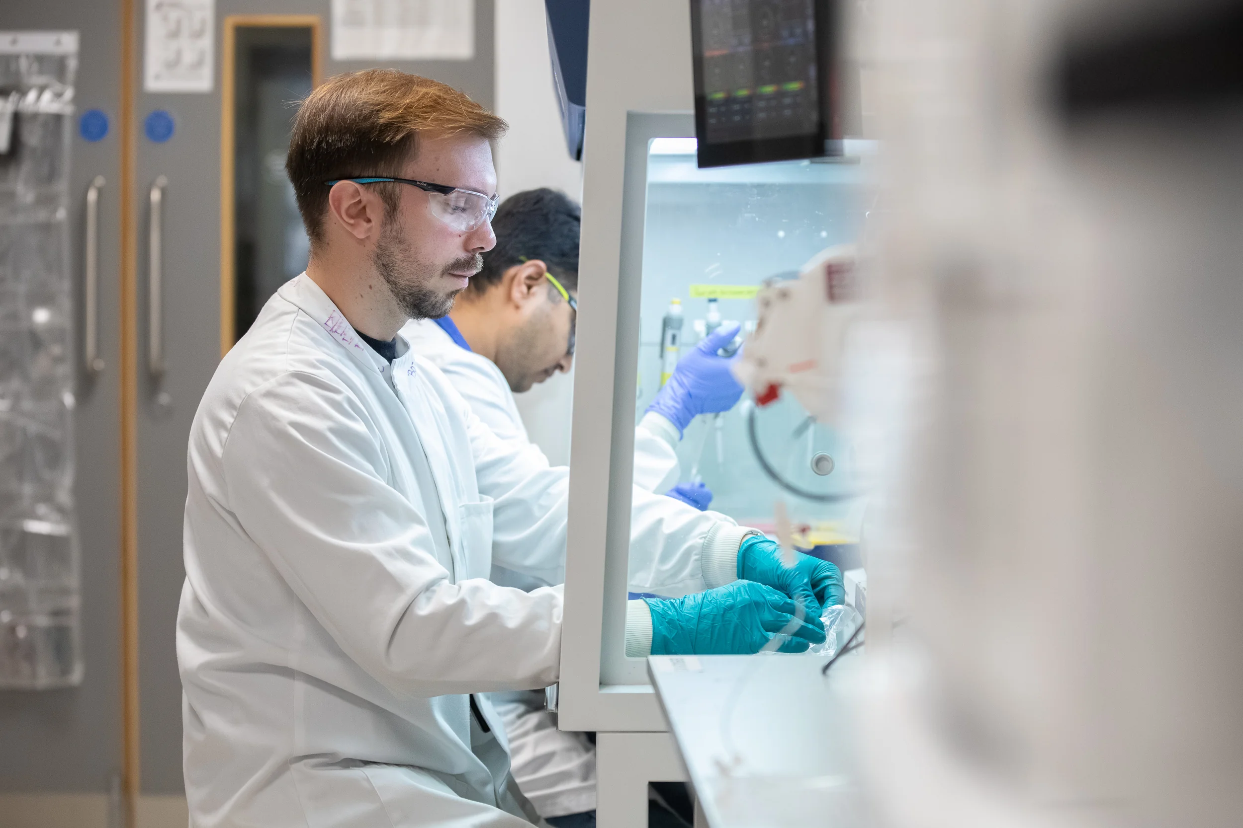 Researchers at biosafety cabinet